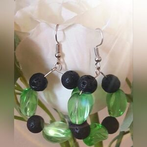 Black lava rock and green glass hoop statement earrings